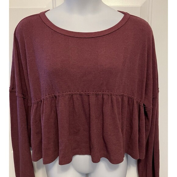 Free People Long Sleeve‎ Sz XL Thermal Pullover Cropped Top Shirt Boho women’s - Picture 2 of 5